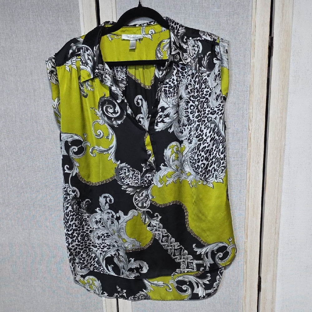 Dressbarn Womens Lime Green Baroque Leopard Chain‎ Print Sleeveless Blouse Large